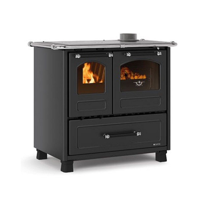 https:zetaidraulica.gumlet.io cucina a legna la nordica extraflame family 45 con rivestimento in acciaio porcellanato 75 kw colore nero antracite ad aria